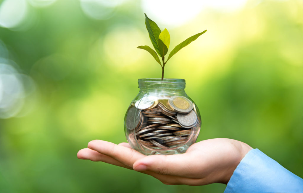 a hand holding a pot of money that is growing in interest